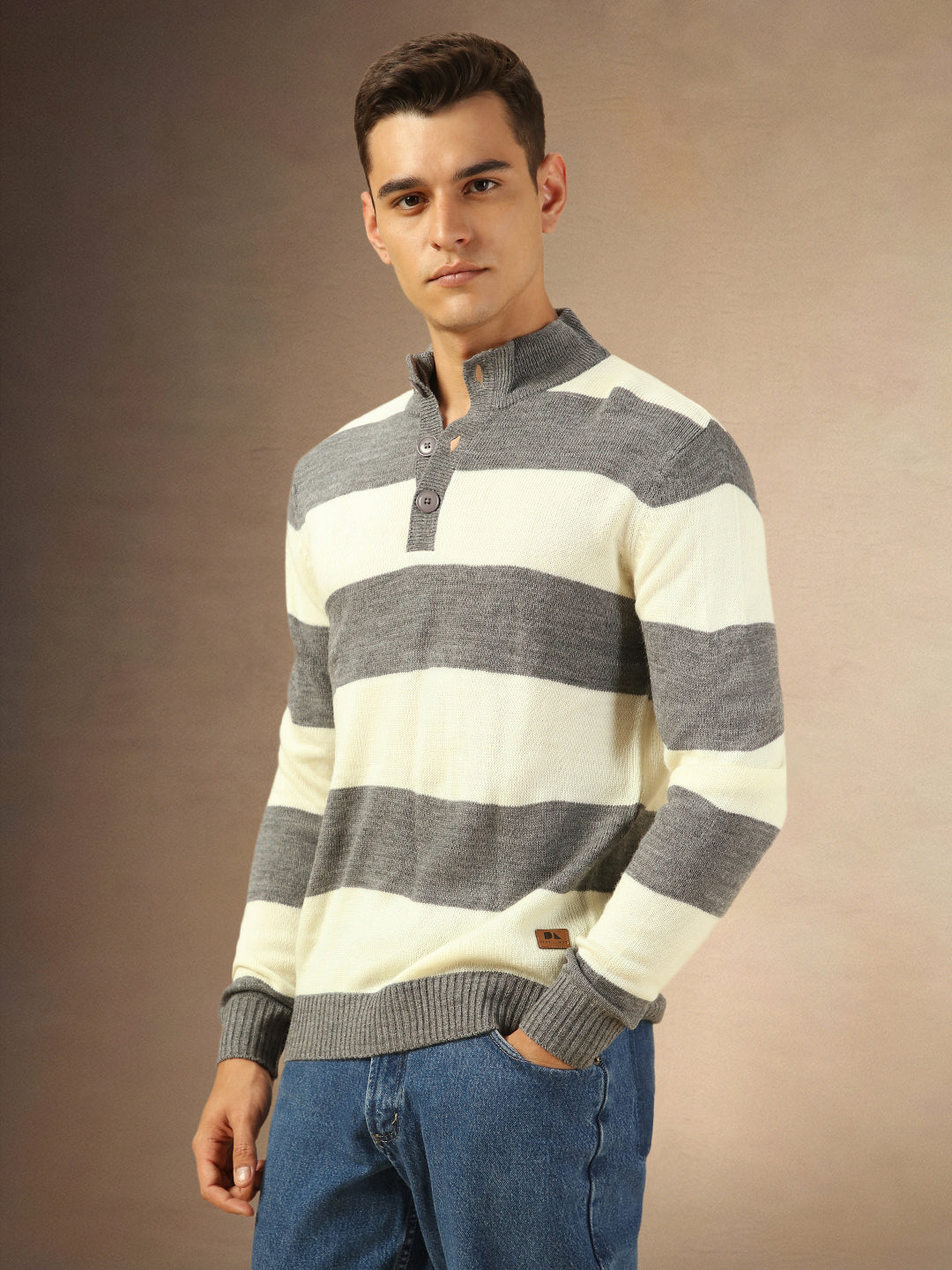 Men's Grey Striped Mock Neck Pullover Sweater