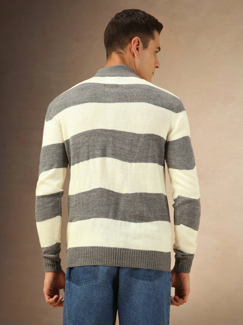 Men's Grey Striped Mock Neck Pullover Sweater