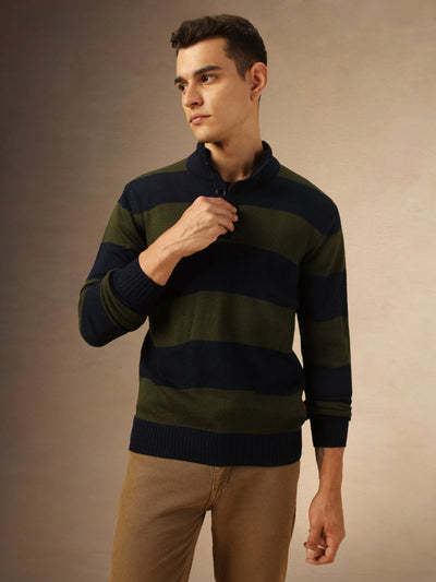 Men's Navy Blue Striped Mock Neck Full Sleeves Pullover Sweater