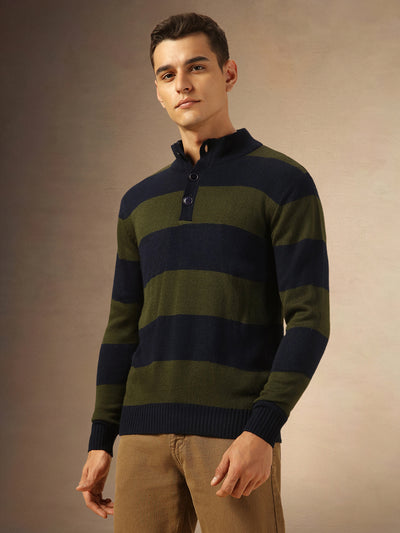 Men's Navy Blue Striped Mock Neck Full Sleeves Pullover Sweater