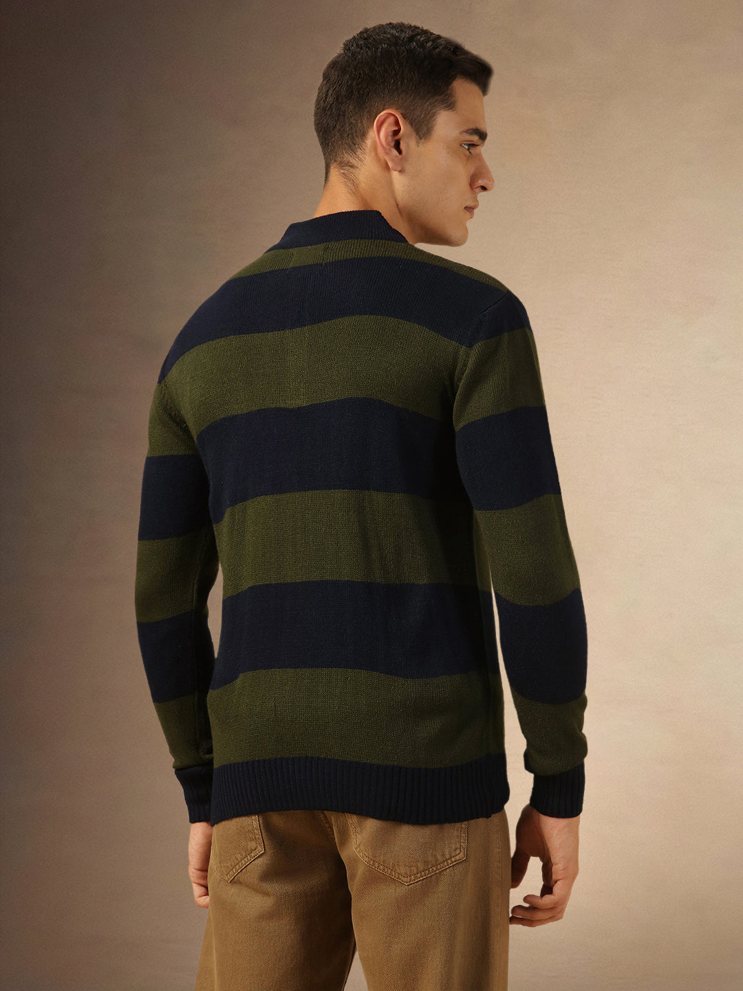 Men's Navy Blue Striped Mock Neck Full Sleeves Pullover Sweater