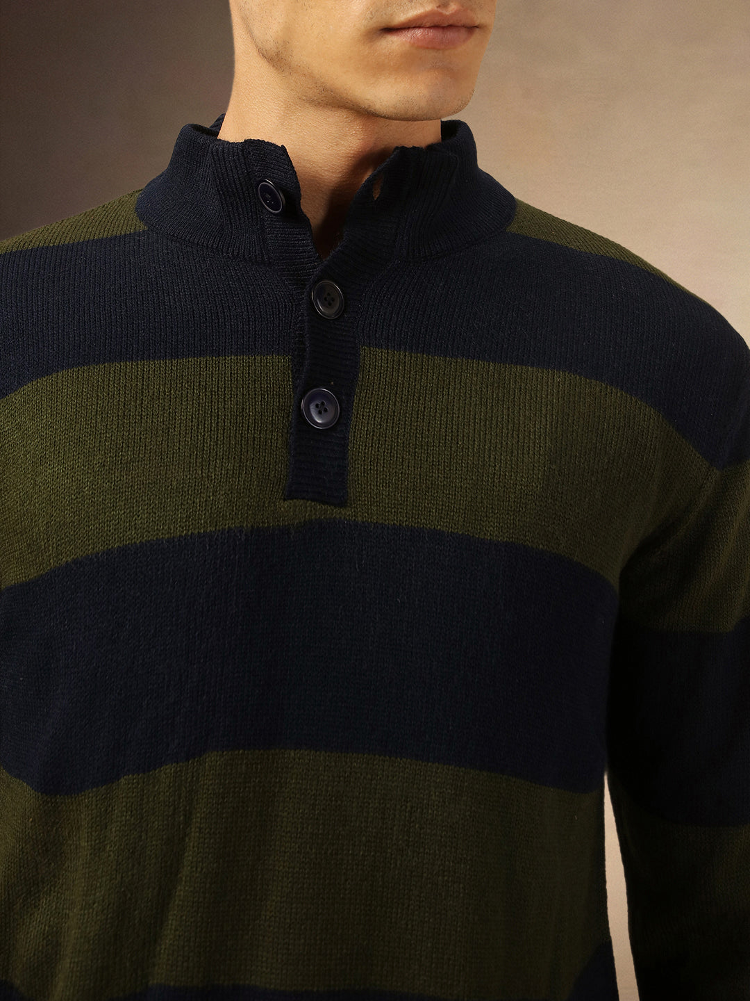 Men's Navy Blue Striped Mock Neck Full Sleeves Pullover Sweater