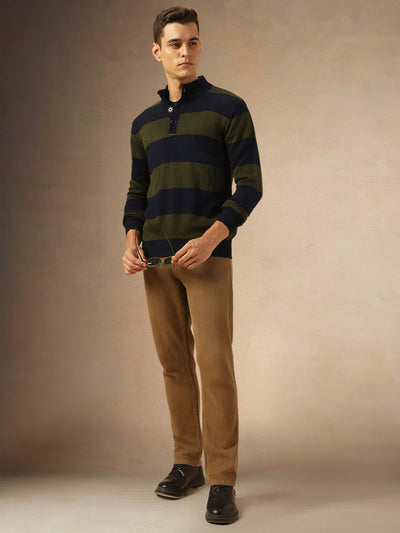 Men's Navy Blue Striped Mock Neck Full Sleeves Pullover Sweater