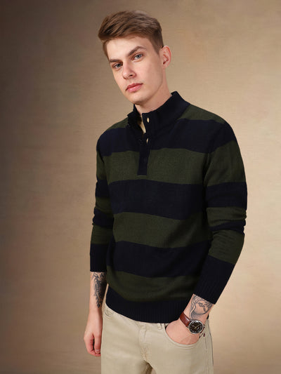 Men's Striped Mock Neck Full Sleeves Regular Fit Sweater