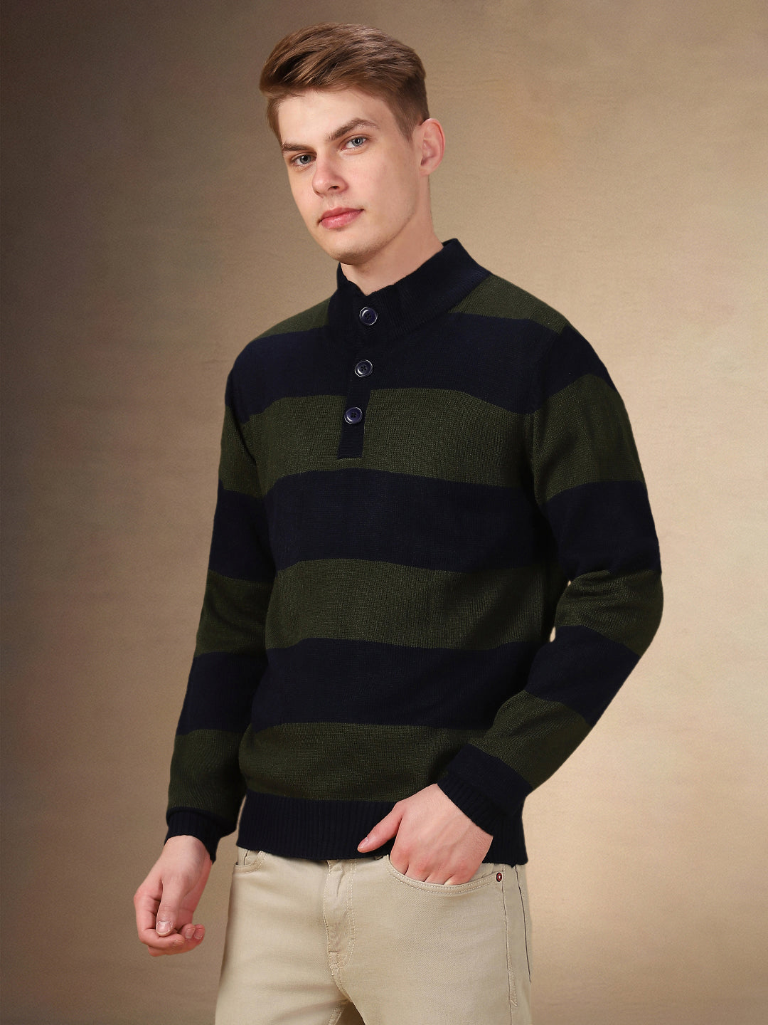 Men's Striped Mock Neck Full Sleeves Regular Fit Sweater