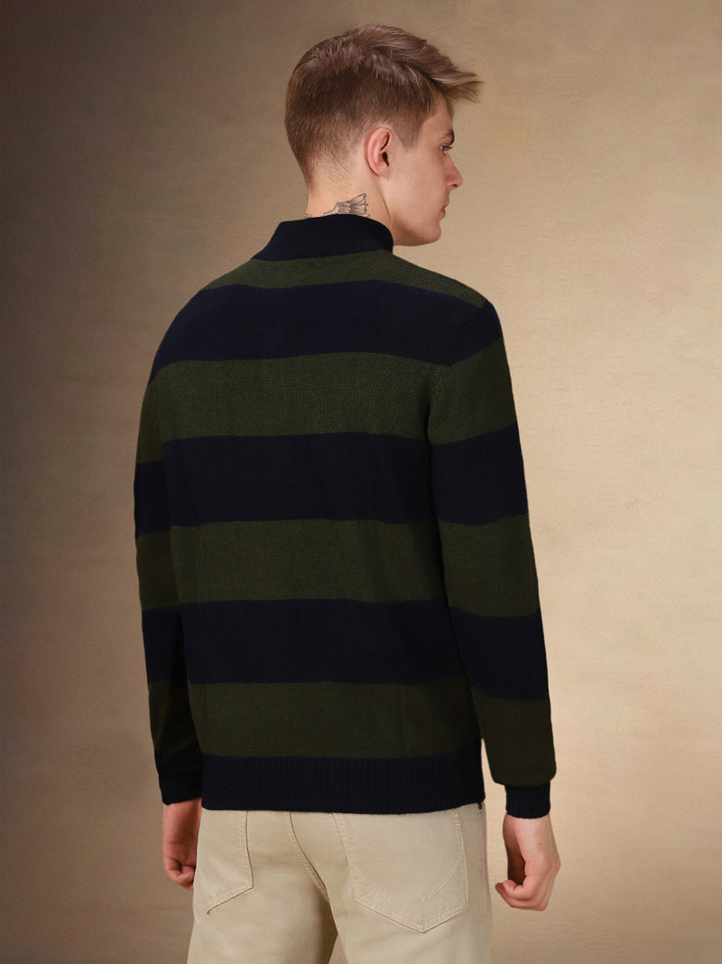 Men's Striped Mock Neck Full Sleeves Regular Fit Sweater