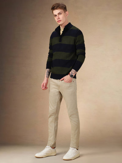 Men's Striped Mock Neck Full Sleeves Regular Fit Sweater