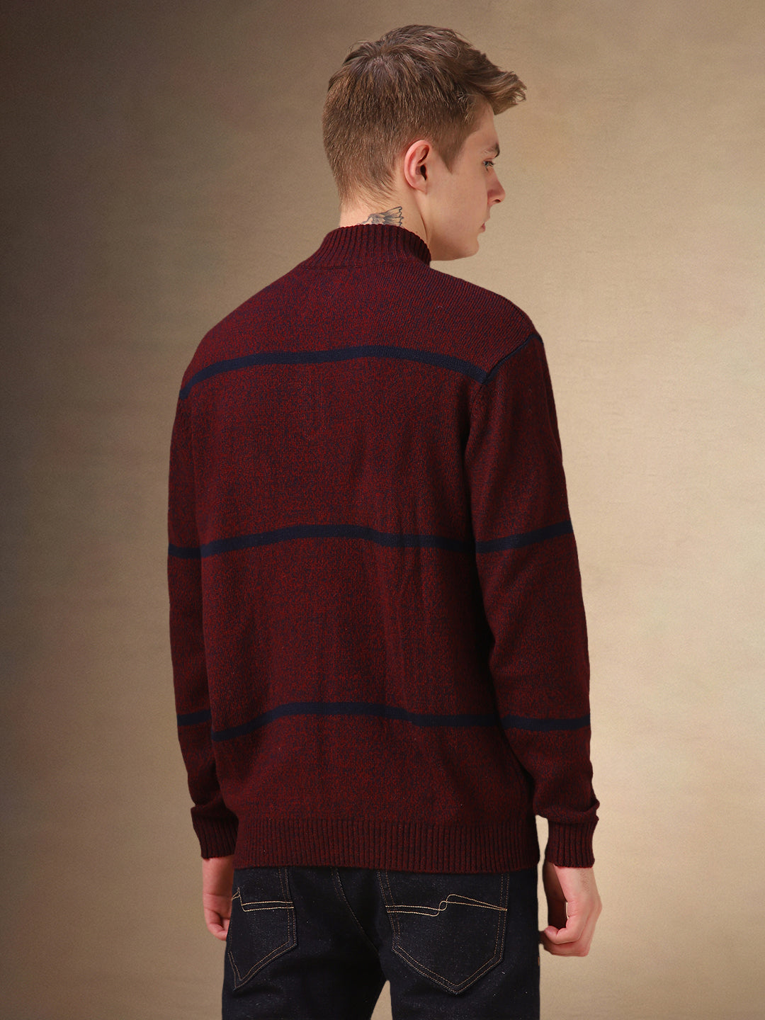 Men's Maroon Striped Mock Collar Full Sleeves Pullover Sweater