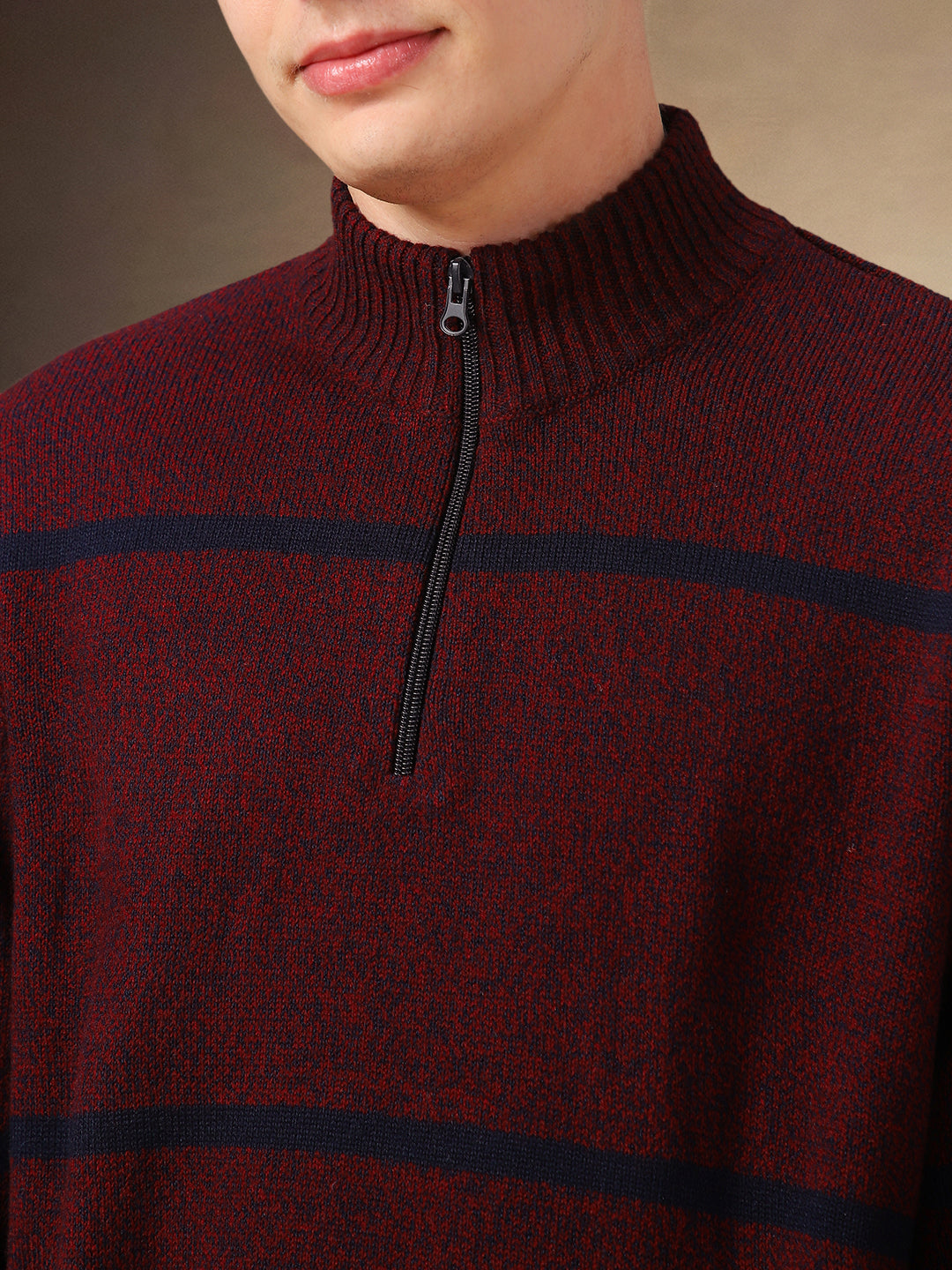 Men's Maroon Striped Mock Collar Full Sleeves Pullover Sweater