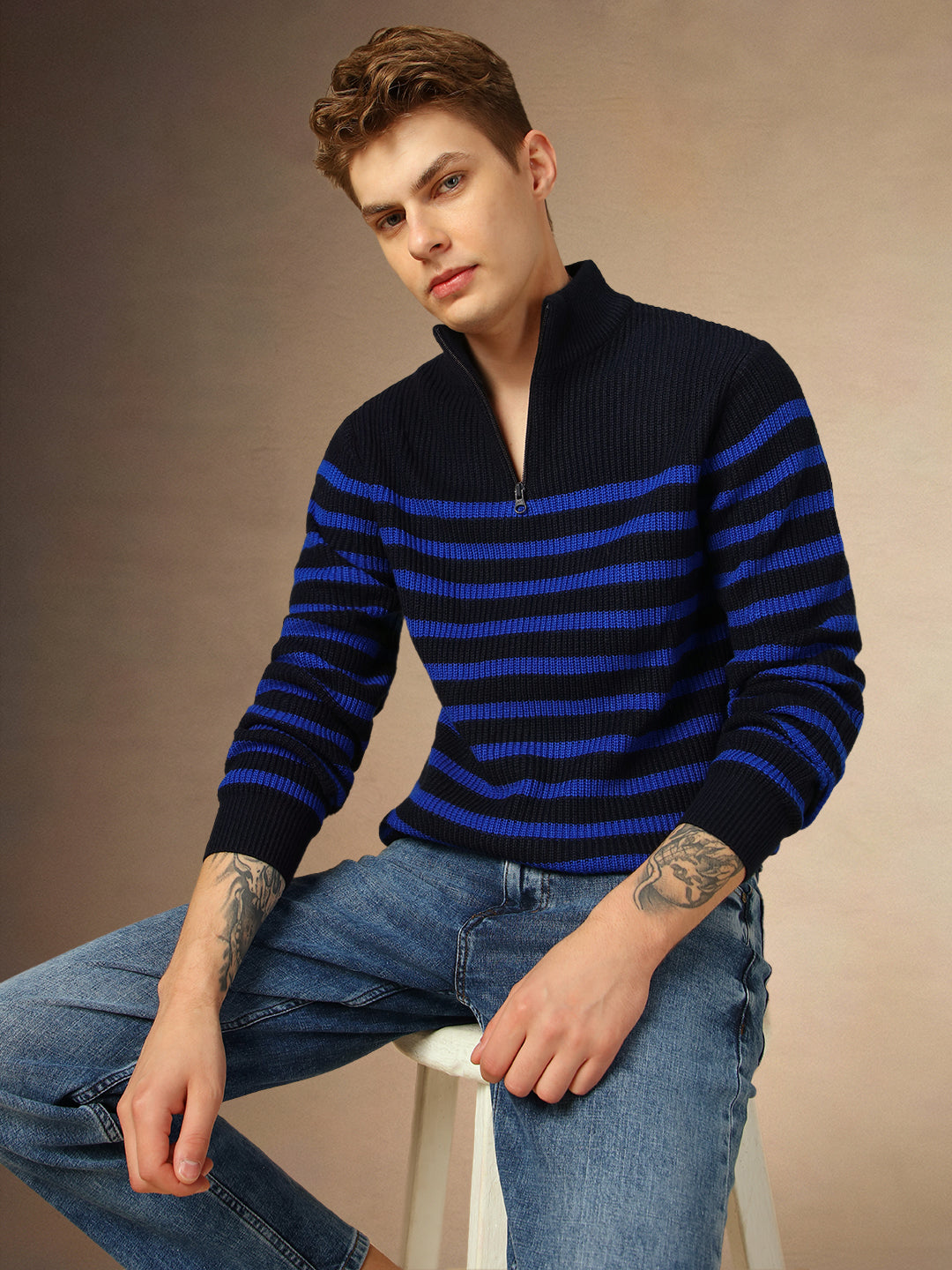 Men's Navy Blue Mock Neck Striped Pullover Sweater