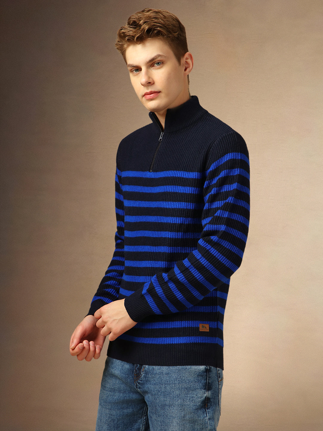 Men's Navy Blue Mock Neck Striped Pullover Sweater