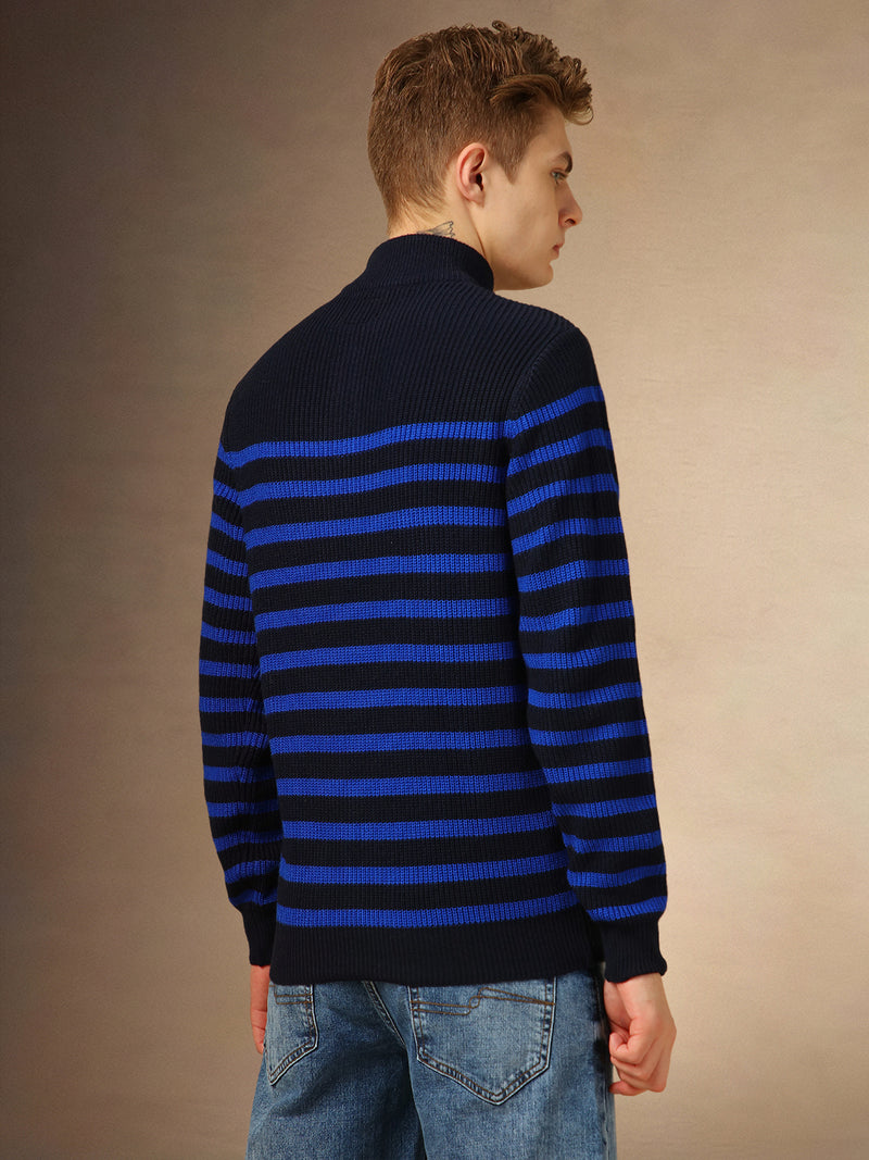 Men's Navy Blue Mock Neck Striped Pullover Sweater