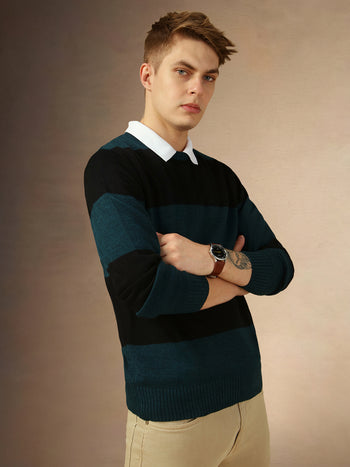 Men's Teal Crew Neck Full Sleeves Slim Fit Pullover Sweater