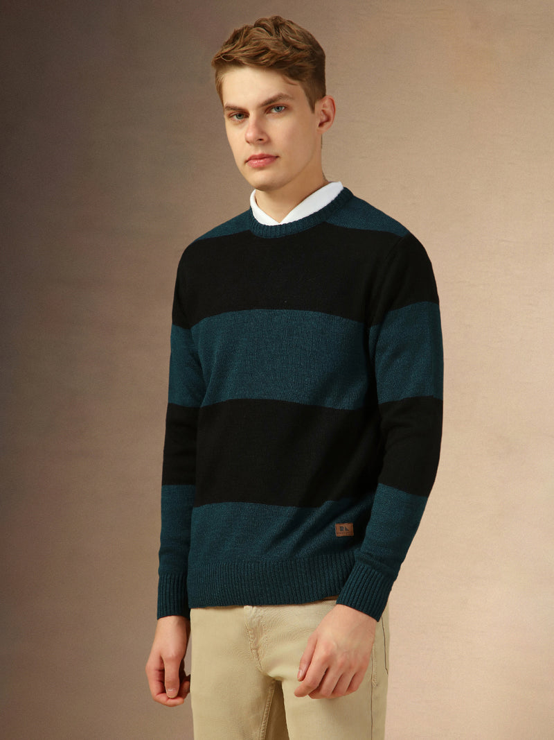 Men's Teal Crew Neck Full Sleeves Slim Fit Pullover Sweater