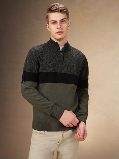 Men's Colorblocked Mock Neck Full Sleeves Regular Fit Sweater