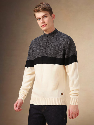 Men's Off White Striped Mock Collar Full Sleeves Sweater