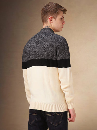 Men's Off White Striped Mock Collar Full Sleeves Sweater