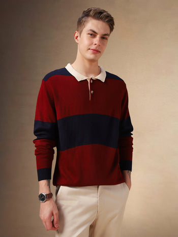 Men's Maroon Striped Polo Collar Full Sleeves Pullover Sweater