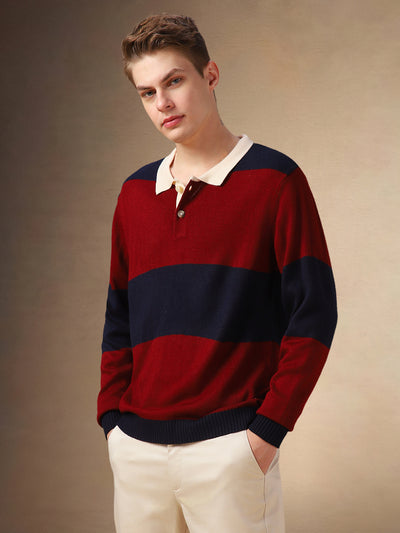 Men's Maroon Striped Polo Collar Full Sleeves Pullover Sweater