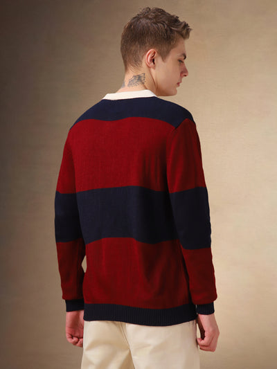 Men's Maroon Striped Polo Collar Full Sleeves Pullover Sweater