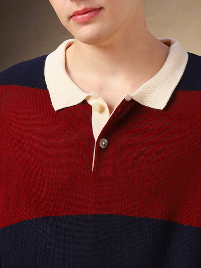 Men's Maroon Striped Polo Collar Full Sleeves Pullover Sweater