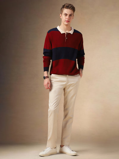 Men's Maroon Striped Polo Collar Full Sleeves Pullover Sweater