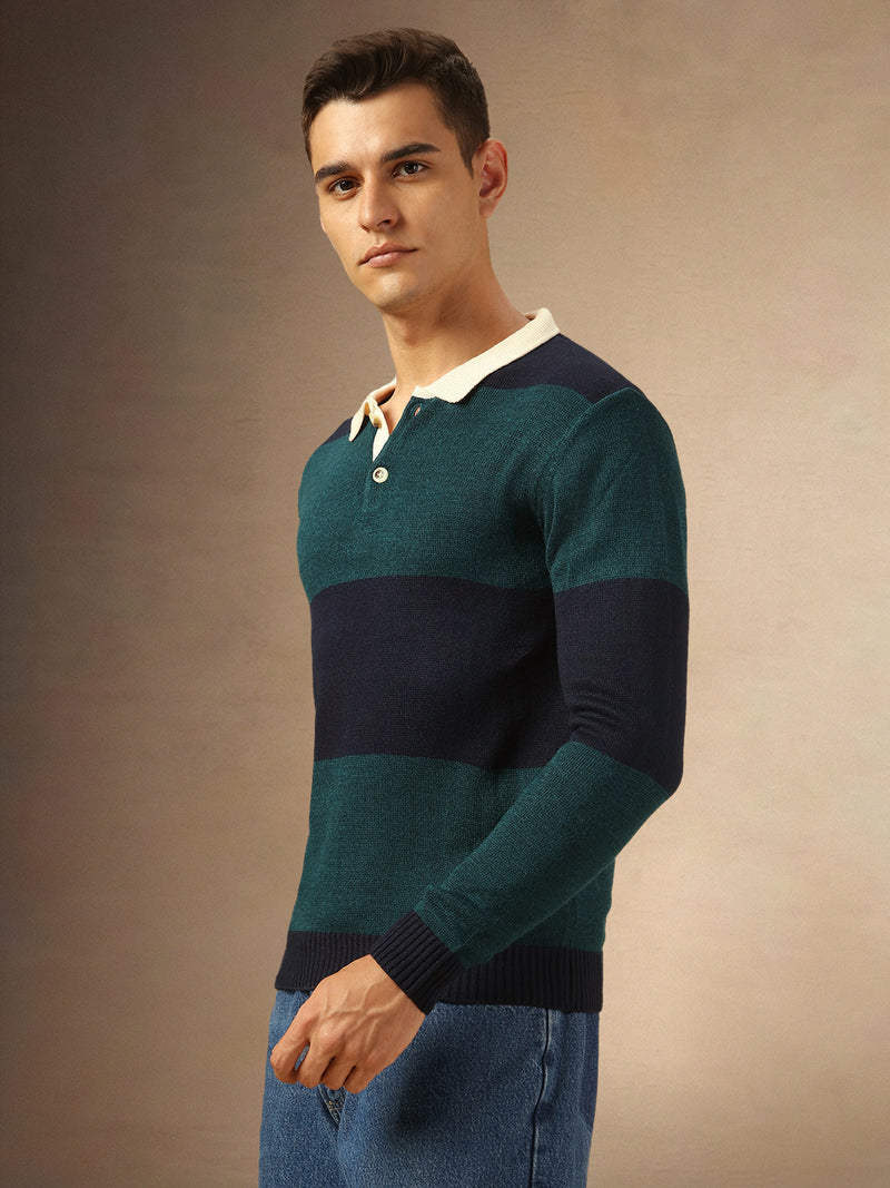 Men's Teal Striped Polo collar Full Sleeves Pullover Sweater