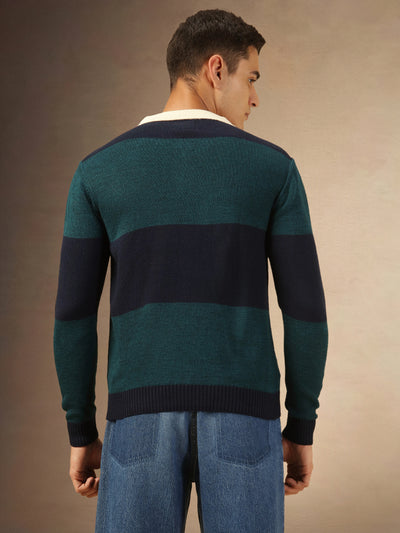 Men's Teal Striped Polo collar Full Sleeves Pullover Sweater