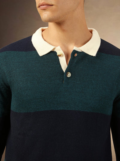 Men's Teal Striped Polo collar Full Sleeves Pullover Sweater