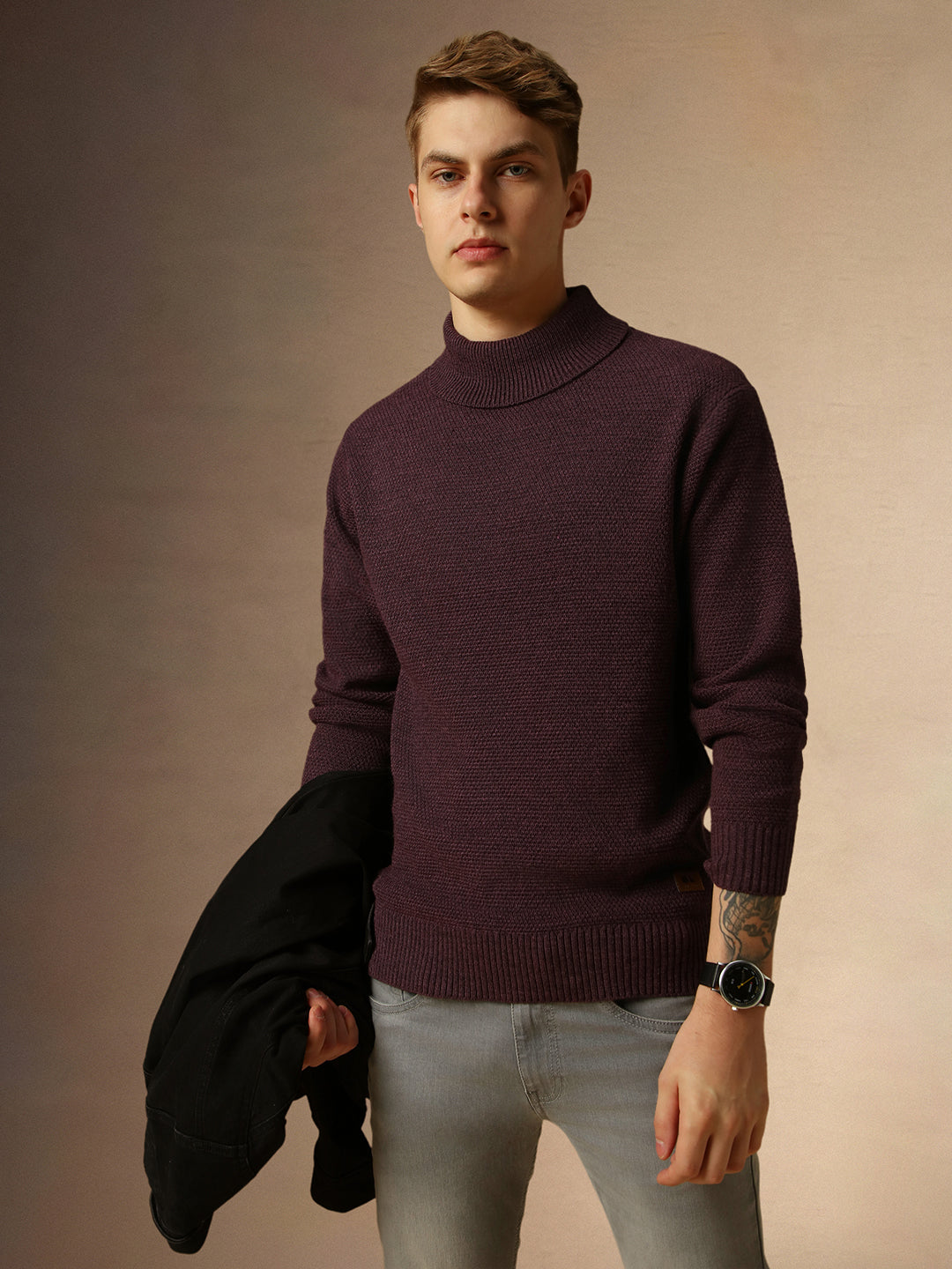 Men's Plum Turtle Neck Full Sleeves Slim Fit Pullover Sweater