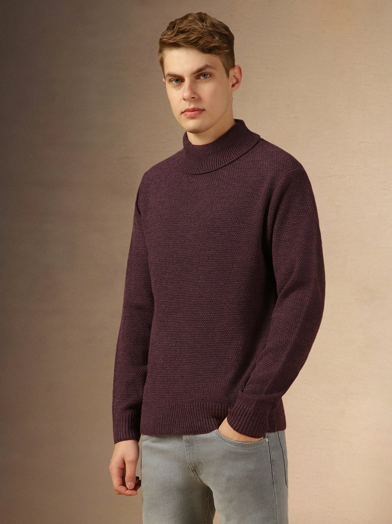 Men's Plum Turtle Neck Full Sleeves Slim Fit Pullover Sweater