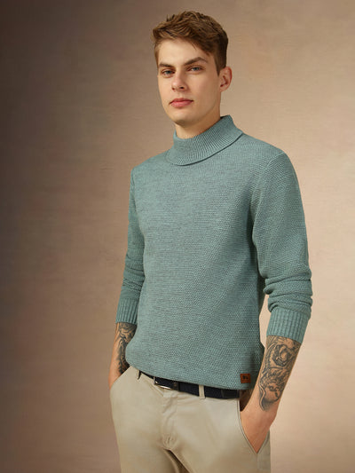 Men's Sage Green Turtle Neck Full Sleeves Slim Fit Pullover Sweater