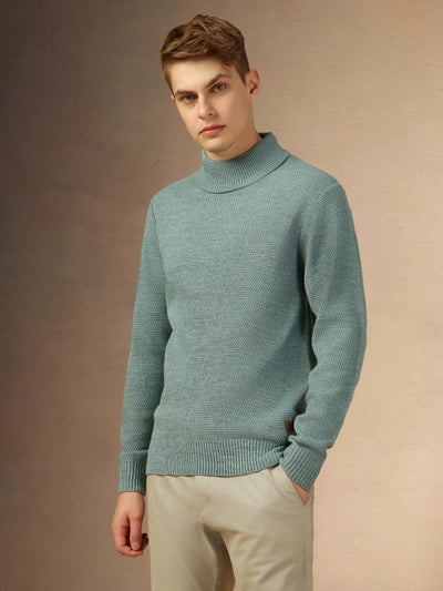 Men's Sage Green Turtle Neck Full Sleeves Slim Fit Pullover Sweater