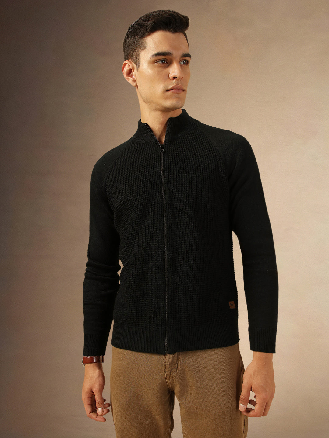 Men's Solid Black Full Sleeves High Neck Front-Open sweater