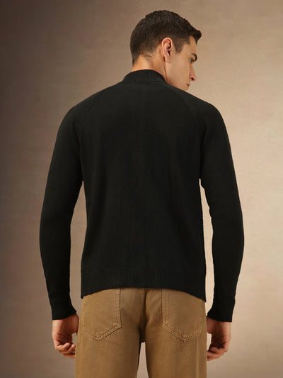 Men's Solid Black Full Sleeves High Neck Front-Open sweater