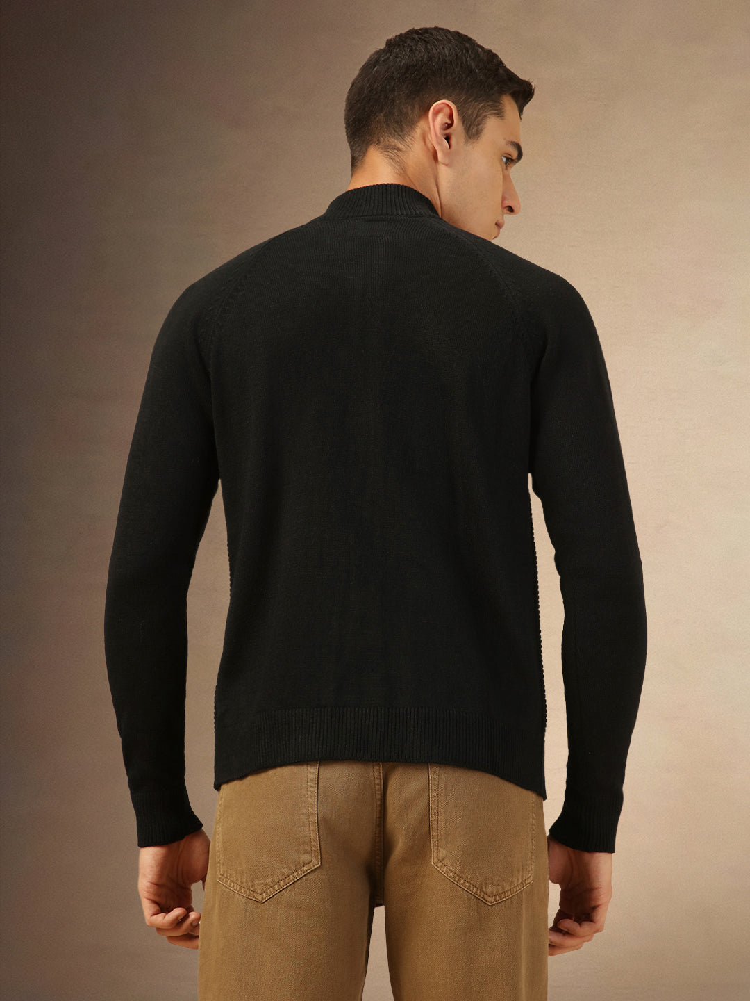 Men's Solid Black Full Sleeves High Neck Front-Open sweater