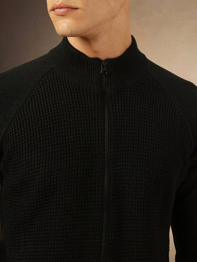 Men's Solid Black Full Sleeves High Neck Front-Open sweater