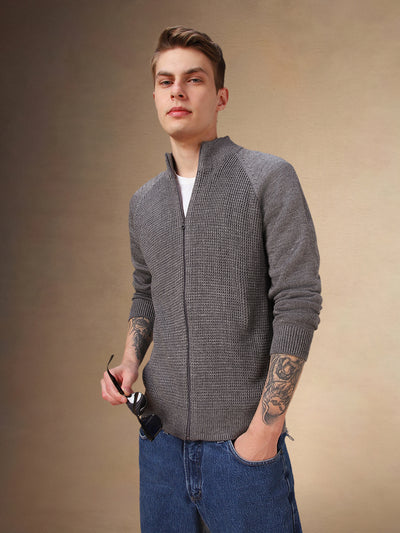 Men's Grey Solid High Neck Full Sleeves Front-Open Sweater