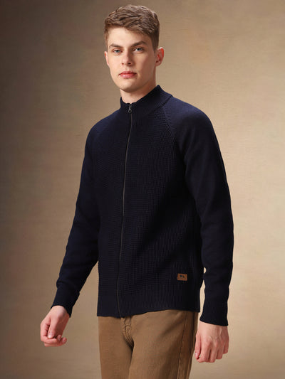 Men's Navy Blue Solid High Neck Full Sleeves Front-Open Sweater