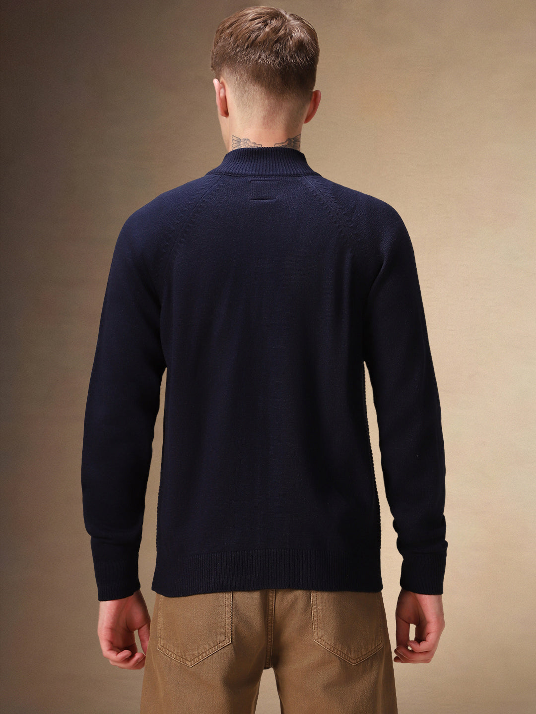 Men's Navy Blue Solid High Neck Full Sleeves Front-Open Sweater