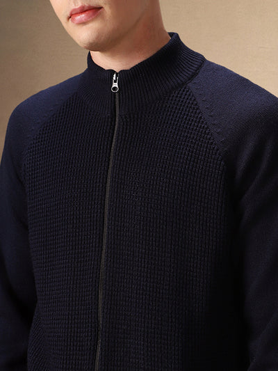 Men's Navy Blue Solid High Neck Full Sleeves Front-Open Sweater