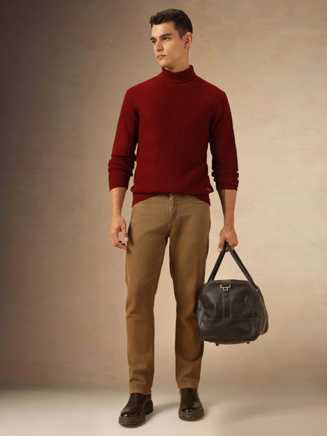 Mne's Maroon Turtle Neck Full Sleeves Sweater