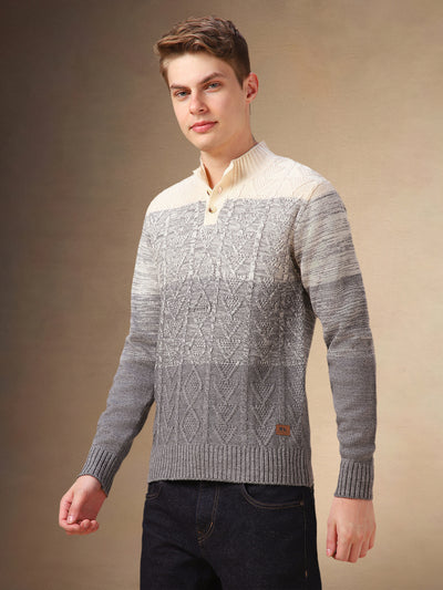 Men's Grey solid Mock Collar Full Sleeves Sweater