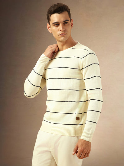 Men's Off White Striped Crew Neck Full Sleeves Sweater