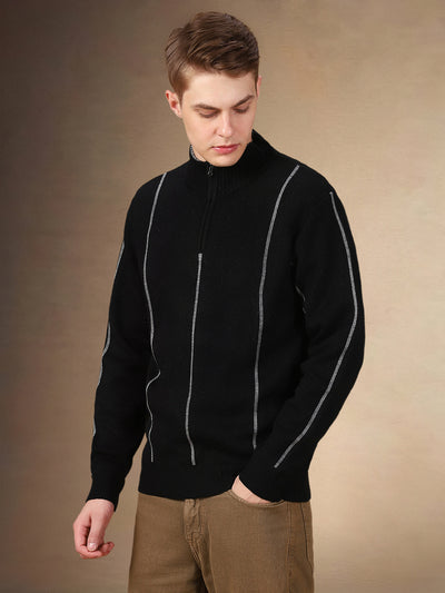 Men's Striped Stand Collar Full Sleeves Regular Fit Sweater