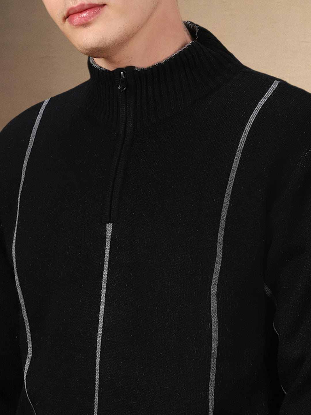 Men's Striped Stand Collar Full Sleeves Regular Fit Sweater