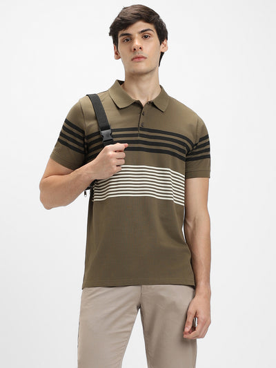 Men's Polo Regular Fit Y/D Stripes Olive T-shirt