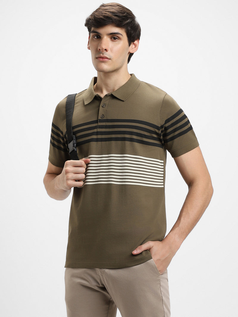 Men's Polo Regular Fit Y/D Stripes Olive T-shirt