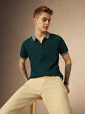 Men's Deep Teal Solid Polo Collar Half Sleeves Regular Fit T-Shirt