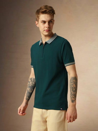 Men's Deep Teal Solid Polo Collar Half Sleeves Regular Fit T-Shirt